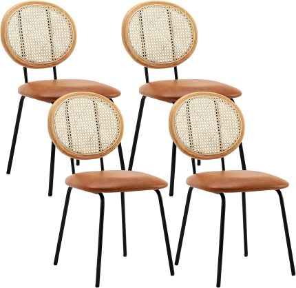 Jaxsen Faux Leather Indoor Kitchen Dining Chairs Set of 4 with Rattan Backrest Modern Industrial Upholstered Chairs mid Century Metal Dining Chair Suitable for Dining Room Wine Bar Whiskey Brown,18"