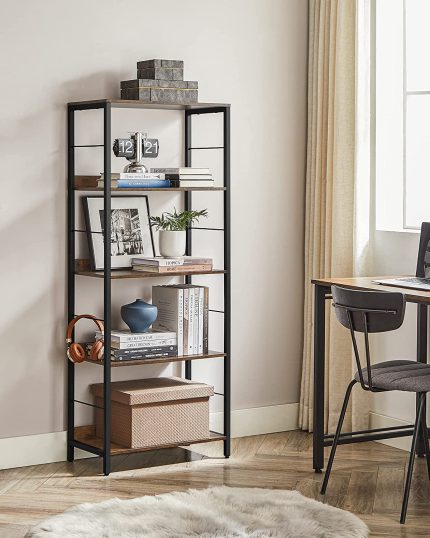 5-Tier Bookshelf, Bookcase, 11.8 x 23.6 x 56.7 Inches, Storage Shelf, with Back Panels, Industrial Style, for Living Room, Study, Home Office, Rustic Brown and Black ULLS117B01