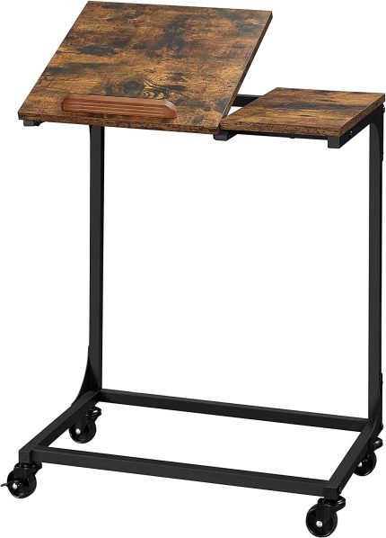 Tilting Top Side Table, Laptop Table with Lockable Wheels, C Shaped End Table, Adjustable Angle, Easy Assembly, for Living Room, Bedroom, Industrial Style, Rustic Brown and Black ULET352B01V1