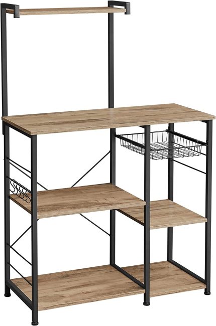 Baker's Rack, Coffee Station, Microwave Oven Stand, Kitchen Shelf with Wire Basket, 6 S-Hooks, Utility Storage for Spices, Pots, and Pans, Toasted Oak Color and Black UKKS035B50