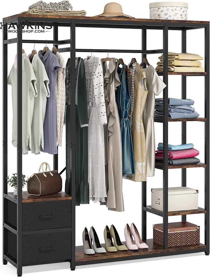 Rustic Closet Organizer with 4 Large Drawers, Freestanding Clothes Garment  Rack