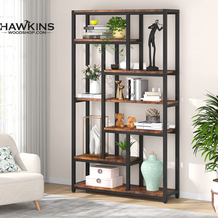 79 Inches Tall Bookshelf Bookcase, Rustic Brown 8-Tier Staggered Open Book  Shelves Display Shelf for Living Room