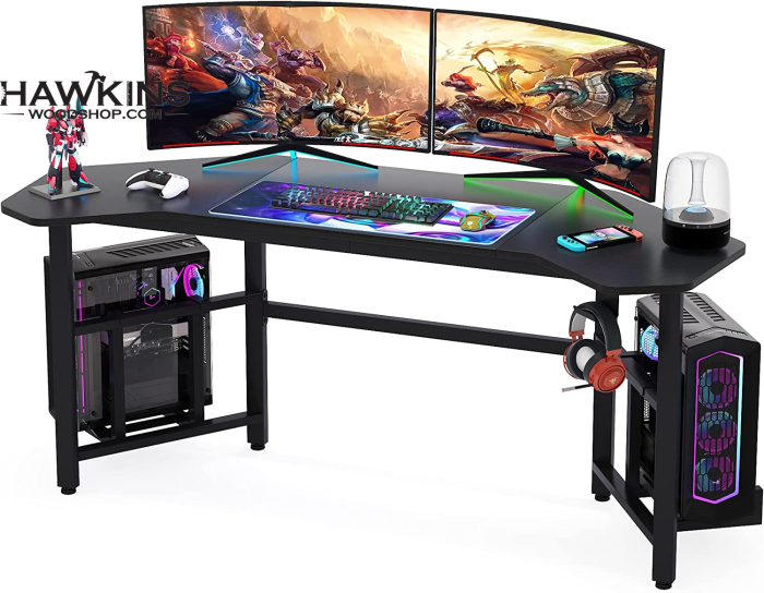 Gaming Desk, Ergonomic Gaming Computer Desk, 66.5 Inch Large Wing-Shaped  Studio Workstation Pc Desk Gamer Table with Hoster Holder Headphone Hook  for