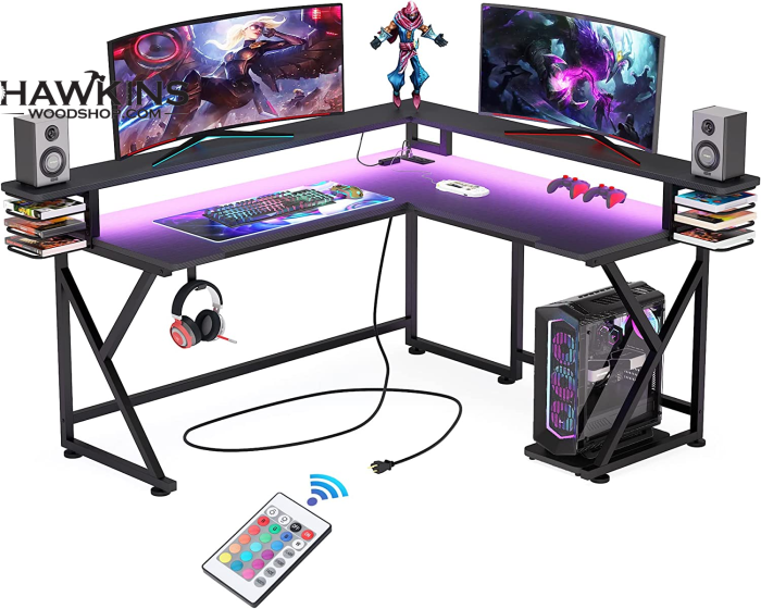 L Shaped Gaming Desk with Led Lights & Power Outlet, Corner