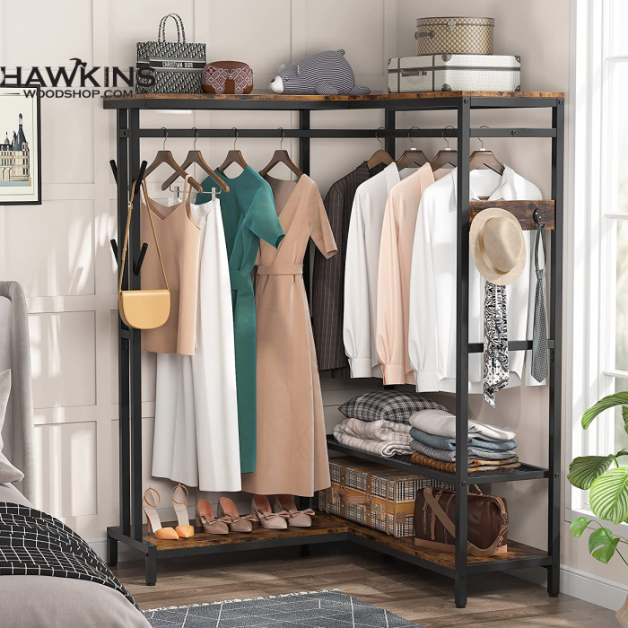 Heavy Duty L Shape Clothes Rack,Freestanding Corner Closet Organizer,Large Garment Rack with Storage Shelves and Hanging Rods - Rustic Brown+Black