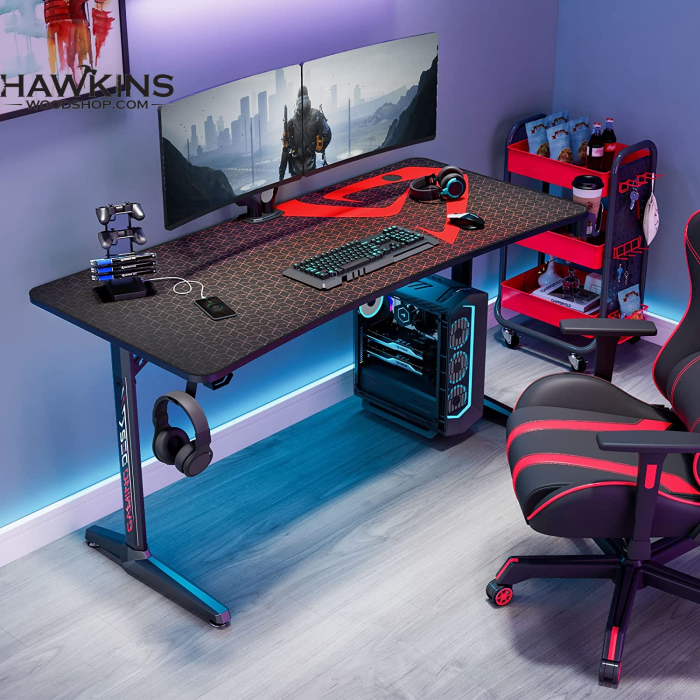 Gaming Desk, 60 Inch Computer Desk Carbon Fiber Surface Gamer Desk with  Free Mouse Pad, T-Shaped Professional Gaming Table with USB Gaming Rack,  Cup