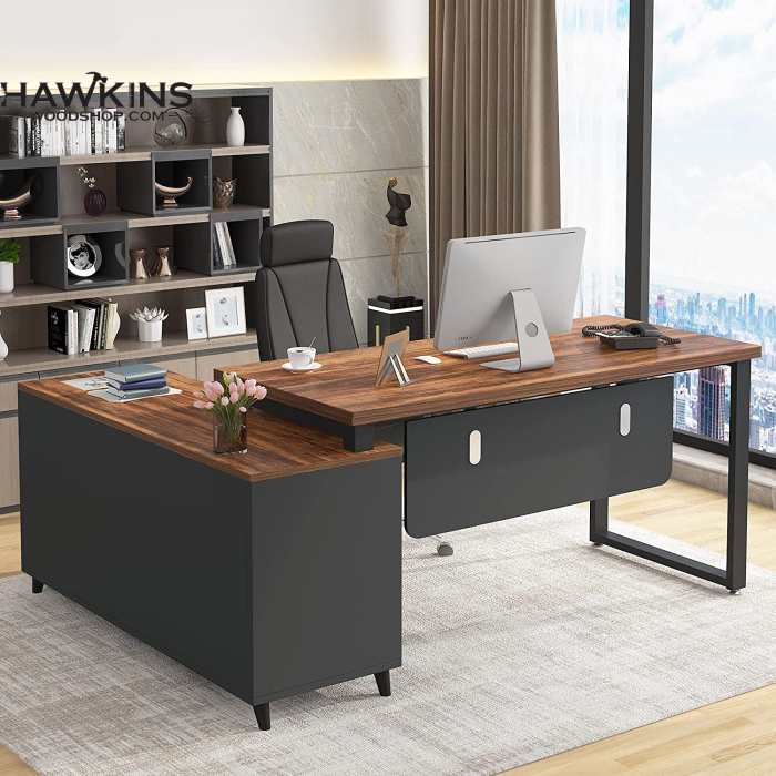 L Shaped Desk with Drawer, Home Office Corner Desk with Storage