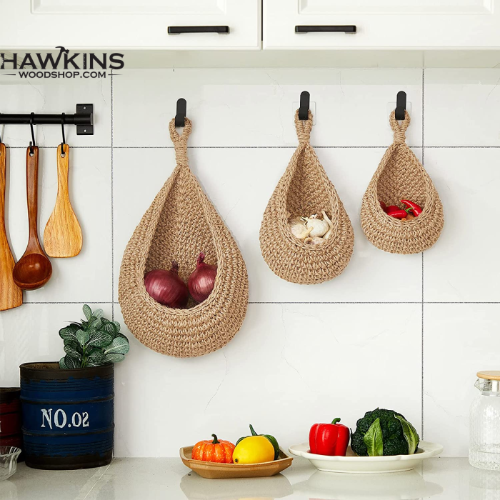 Monfince Handmade Woven Hanging Vegetable Fruit Basket Teardrop Shaped  Hanging Wall Basket Home Kitchen Storage Holder