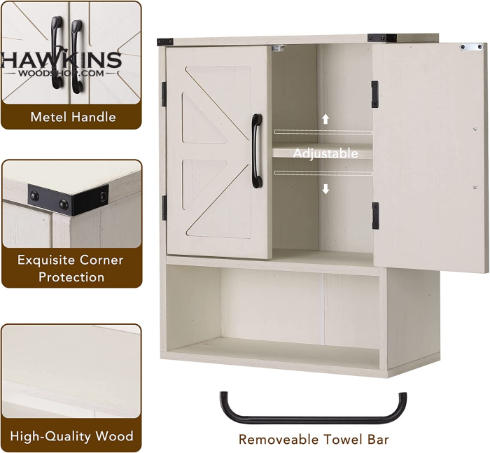 3-Tier Wodden Bathroom Cabinet with Sliding Barn Door and 3-Position Adjustable Shelves-White