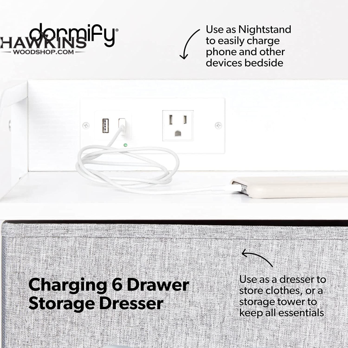 Charging 6 Drawer Dresser, Clothes Storage Tower, Storage Drawers, Organizer, 1 Outlet & 2 USB Ports, Dresser for Closet, Grey