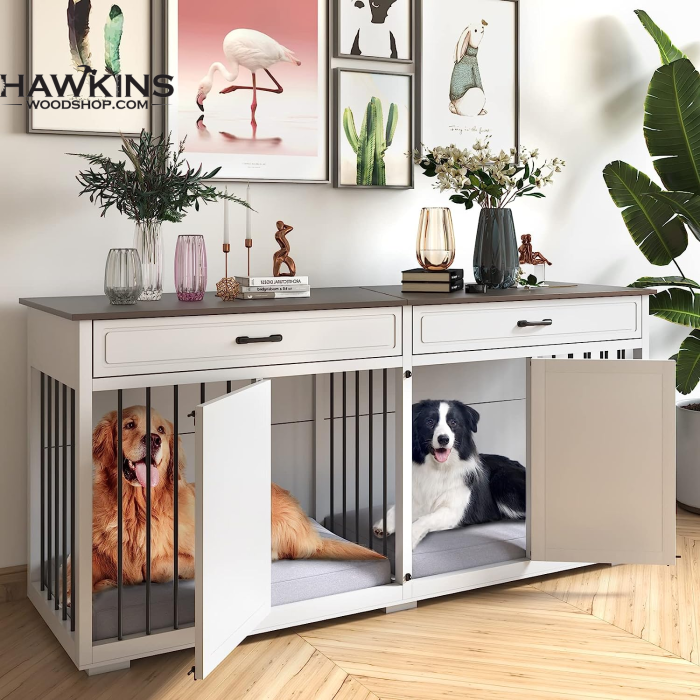 Dog Crate Furniture, 71 Inch Wood Dog Kennel, Dog Crate End Table with  Double Doors, Divider, TV Cansole Table, Indoor Dog Cage for Large Dog or 2