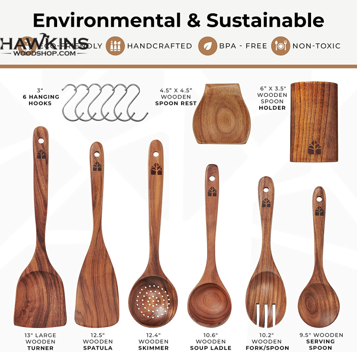 WOODENHOUSE Lifelong Quality Wooden Spoons for Cooking - Wooden Kitchen Utensils Set, 6 Pcs Teak Wood Utensil Set - Comfortable Grip Non-Stick Wooden