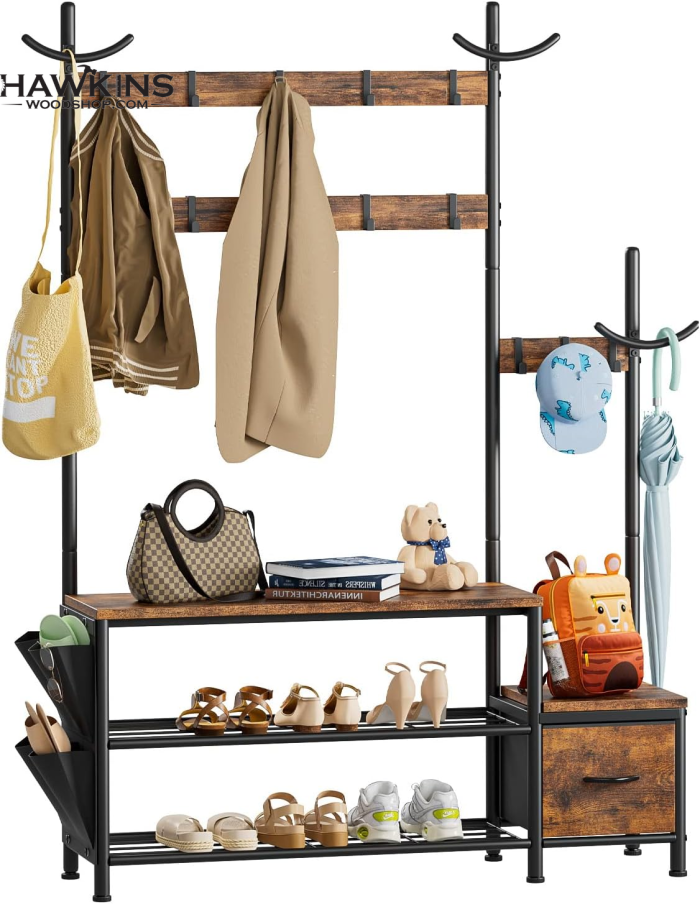 Entryway Shoe Rack and Coat Hooks, Shoe Organizer with 4 Shelves