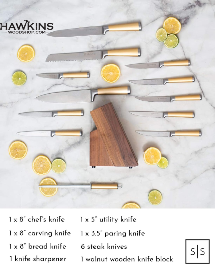 Styled Settings Gold Knife Set with Walnut Knife Block