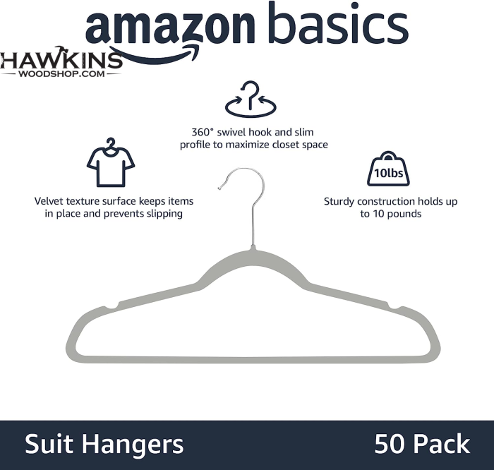 Basics Slim, Velvet, Non-Slip Suit Clothes Hangers, Black/Silver -  Pack of 50