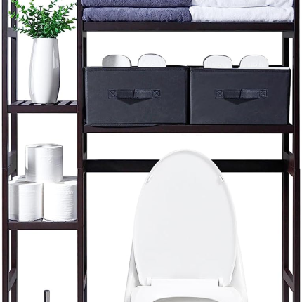 Bathroom Organizer Shelves Black Adjustable 3 Tiers Floating Shelf Over The Toilet Storage with Hanging Rod,Bamboo 17 Stories