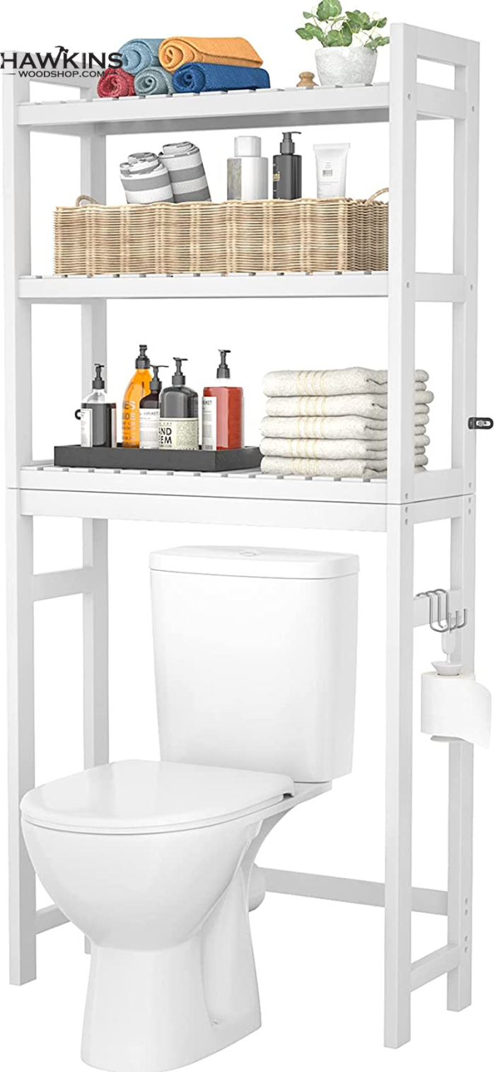 Over The Toilet Storage, Bamboo 3-Tier Over-the-Toilet Space Saver Organizer Rack, Stable Freestanding Above Toilet Stand with 3 Hooks for Bathroom