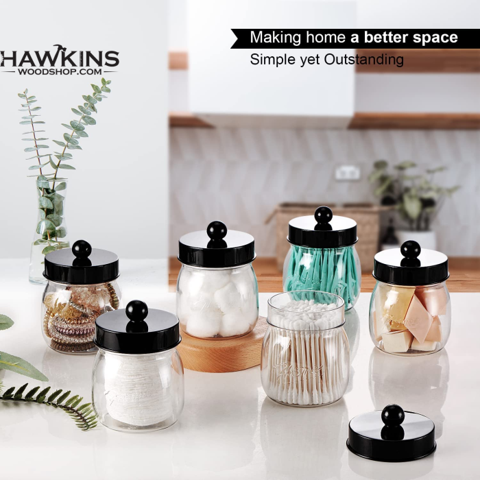 Farmhouse Decor Apothecary Jar Set,Mason Jar Bathroom Vanity Storage  Organizer Canister – Qtip Holder Plastic Acrylic Jar for Cotton  Swabs,Cotton Pads,Floss Picks,Paper Clips,Hair Clips(6 Pack,Black) – Built  to Order, Made in USA