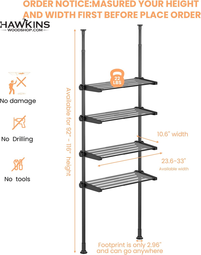 Rustproof Corner Shower Caddy for Bathroom - 4-Tier Adjustable Shelves with  Tension Pole - Shower Organizer for Bathroom Accessories - Up to 123 Inches  - Black Color
