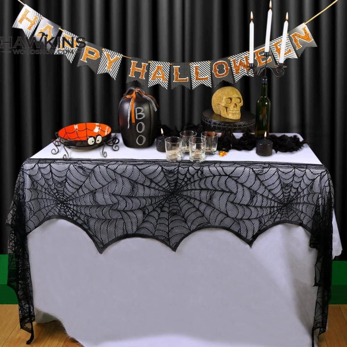 Sunward Halloween Decoration Lace Spider Tablecloth Fireplace Cloth Black  Party Decor 