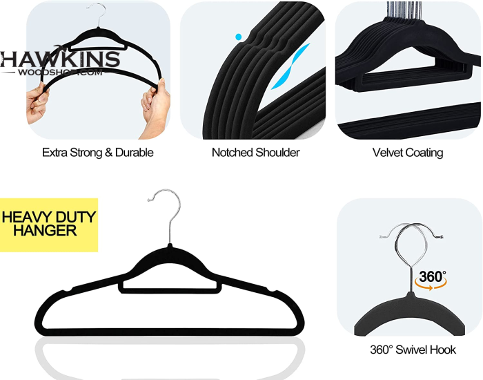 100 Pack Black Heavy Duty Velvet Hangers With Trouser & Tie Bar