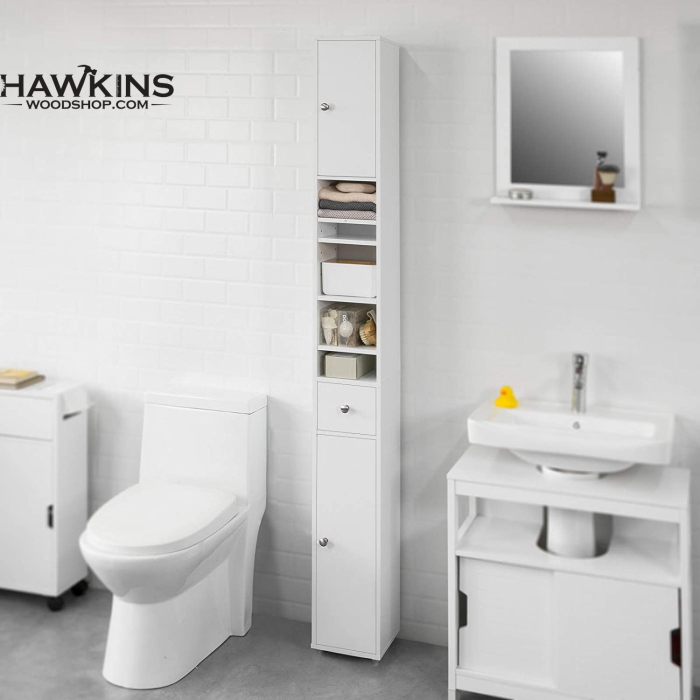 Haotian White Floor Standing Tall Bathroom Storage Cabinet with Shelves and Drawers,Linen Tower Bath Cabinet, Cabinet with Shelf