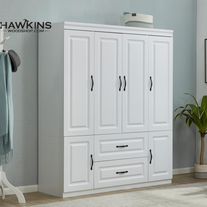 Hitow 4-Door Wardrobe Armoire with Hutch, Shelves and Drawers,White Closet  Storage Cabinet with Clothing Rod for Bedroom, 93.3 H