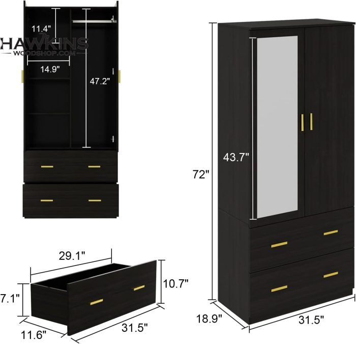 Homsee Wardrobe Armoire with Mirror, 4 Doors, 2 Hanging Rods, 2 Drawers & 8  Storage Compartments, Wooden Closet Storage Cabinet with Black Handles for