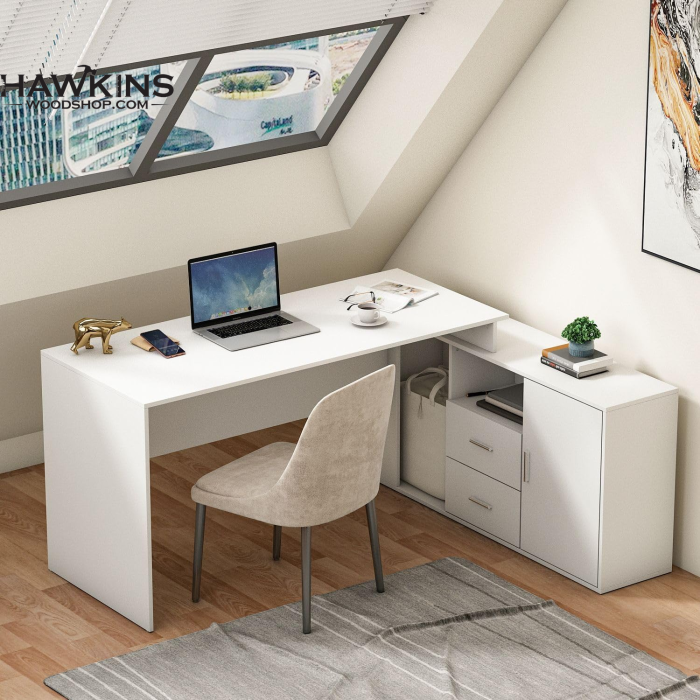 Office Desk with Storage L-Shaped Desk with 2 Drawers, Modern Computer Desk  Corner Desk with Open Shelf, for Office Bedroom White (55.1”W X 47.2”D X