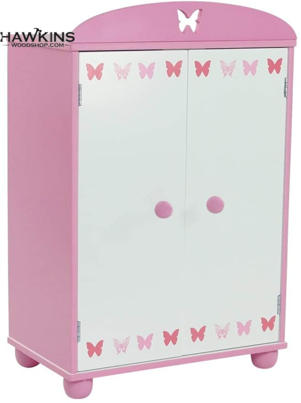18 Inch Doll Wooden Furniture – Clothes & Accessories Storage Closet Armoire, 18″ Doll Clothing Pink Wardrobe, Includes 5 Wooden Hangers