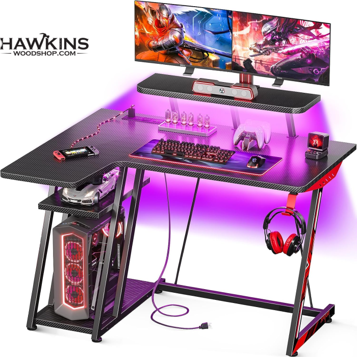 Gaming Desk with Led Lights and Power Strip L Shaped Desk Corner