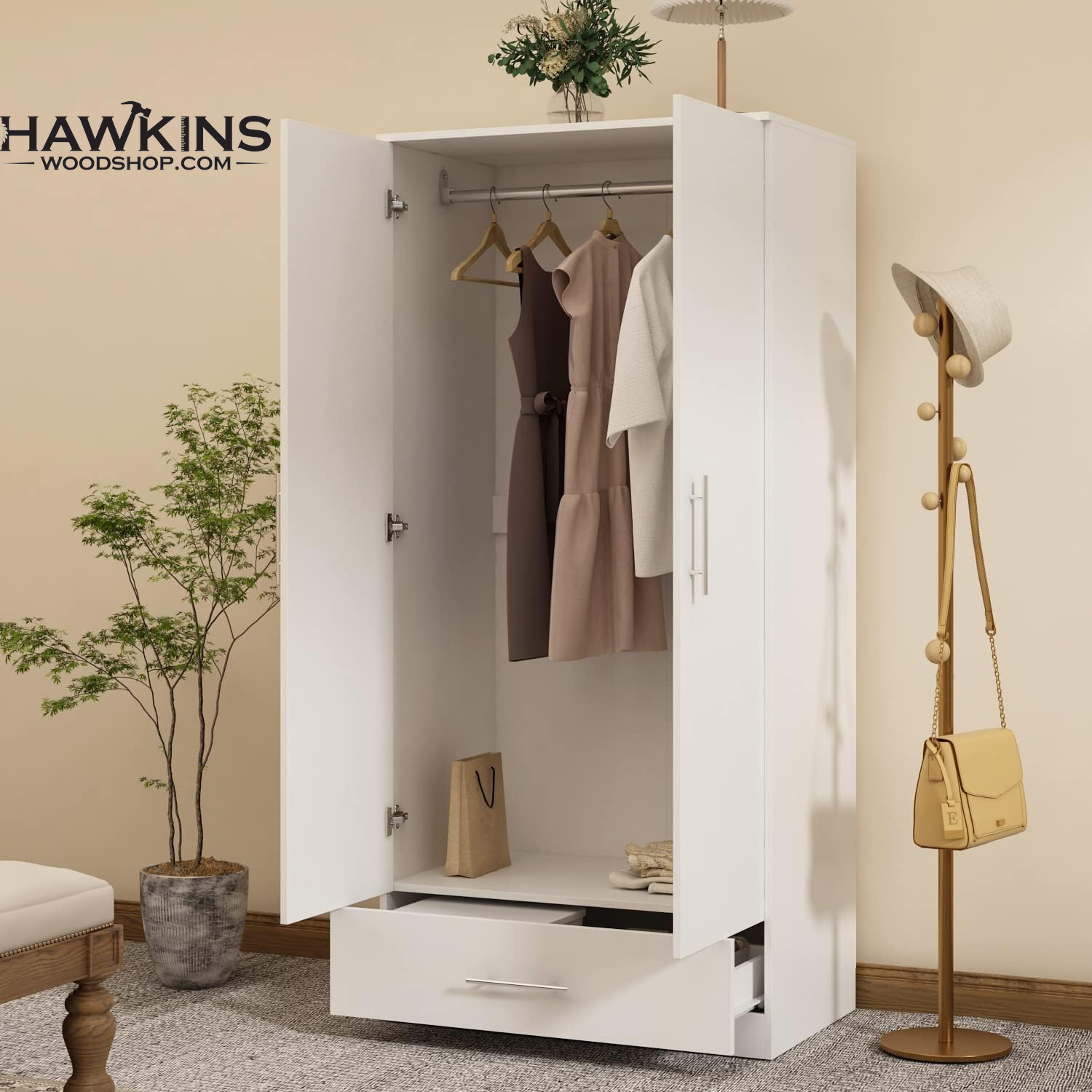 2 Doors Wardrobe Armoire with Drawer, Freestanding Armoire