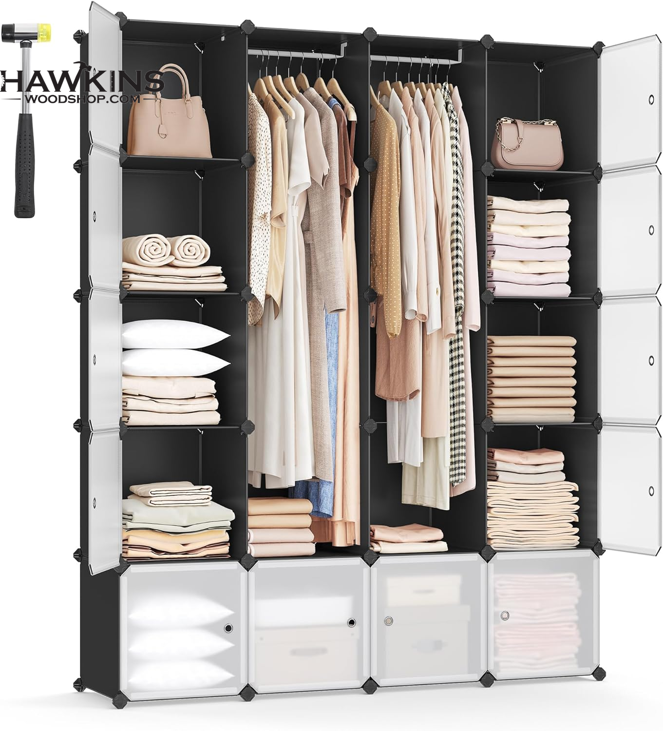 Cube Storage Organizer, 12-Cube Storage Shelves , Closet Cabinet,  Multifunctional Plastic Modular Cabinet with Doors Hanging Rod, Ideal for  Bedroom Living Room Office, 13.8 L x 17.7 W x 13.8 H.