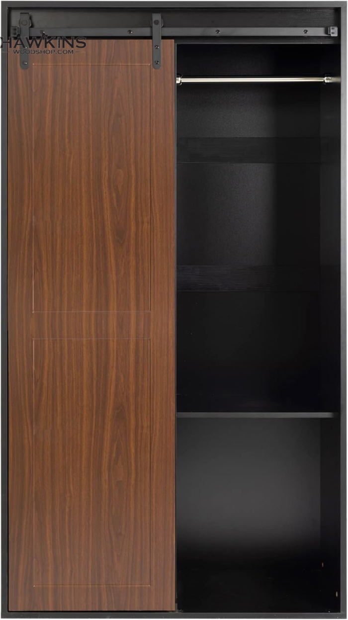 71 inch Tall Bedroom Armoire Wardrobe Closet Clothing Storage Cabinet with  Hanging Rod Barn Door Drawers Open Shelves (Black Brown)