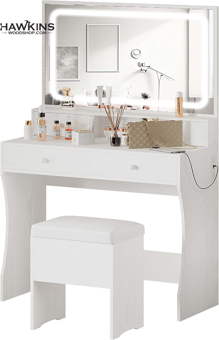 Vanity Table with Adjustable Led Lighted Mirror, Makeup Vanity Desk with 4  Drawers and Stool, Modern Wooden Makeup Table Dressing Table for Bedroom