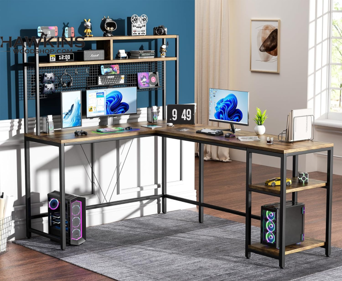 L Shaped Desk with Hutch – 67″ L Shaped Gaming Desk with LED Lights, Corner Computer  Desk with Storage Shelves, L Shaped Office Desk with Pegboard, Rustic Brown  – Built to Order